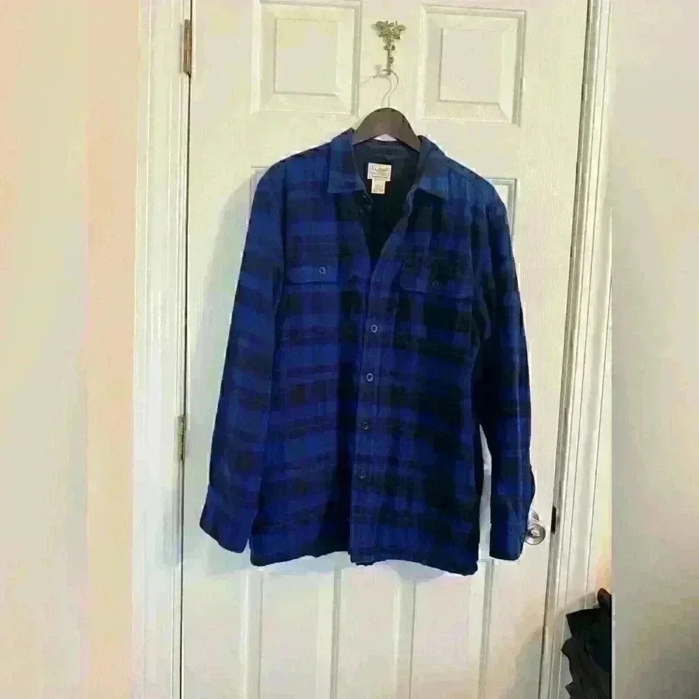 L.L. Bean men’s flannel fleece lined size medium blue black plaid